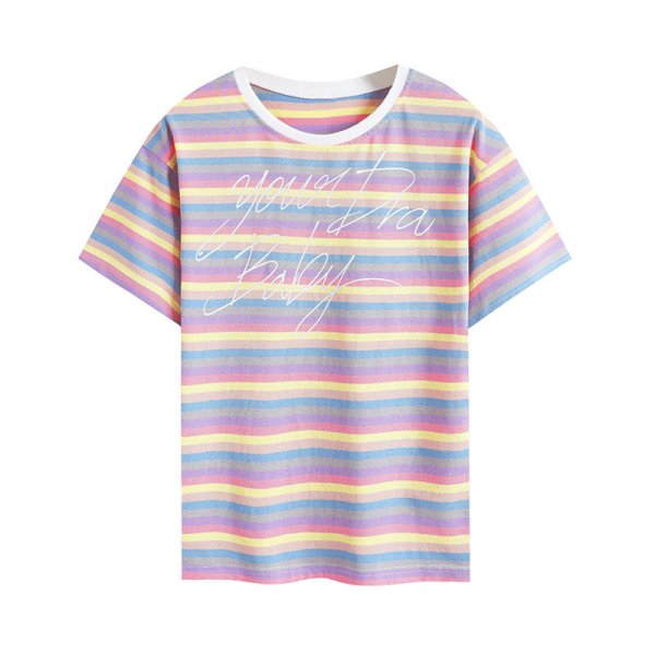 Fashion Rainbow Striped sizehirt Women's Short Sleeve Top Casual Slim Fit