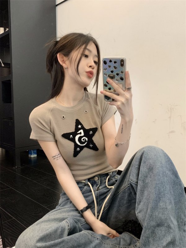 Korean Versatile Slim Flocked Pentagram Short Sleeve