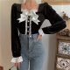 Long Sleeve Top Shirt Slim Bowknot Square Collar Short Bottoming Shirt Women