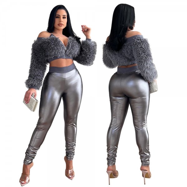 Long Sleeve Furry Short Top With Slim Trousers Two-piece Set For Women