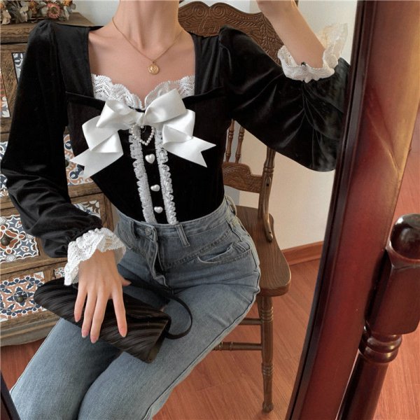 Long Sleeve Top Shirt Slim Bowknot Square Collar Short Bottoming Shirt Women